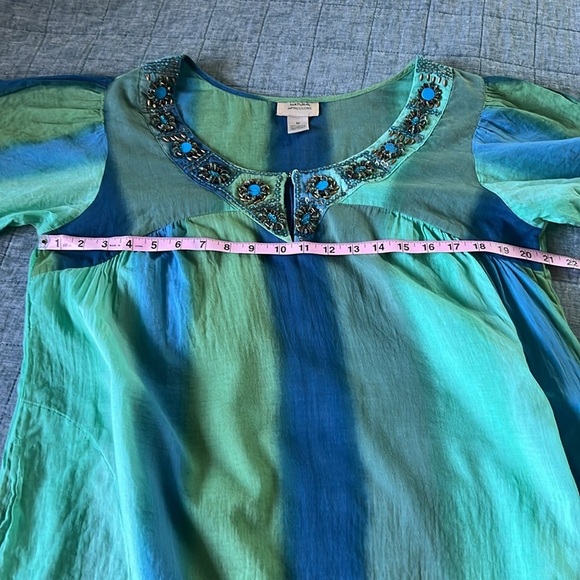 100% Cotton Striped Blue Green Turquoise Bead Detail Beach Swim Cover Dress - Picture 7 of 8